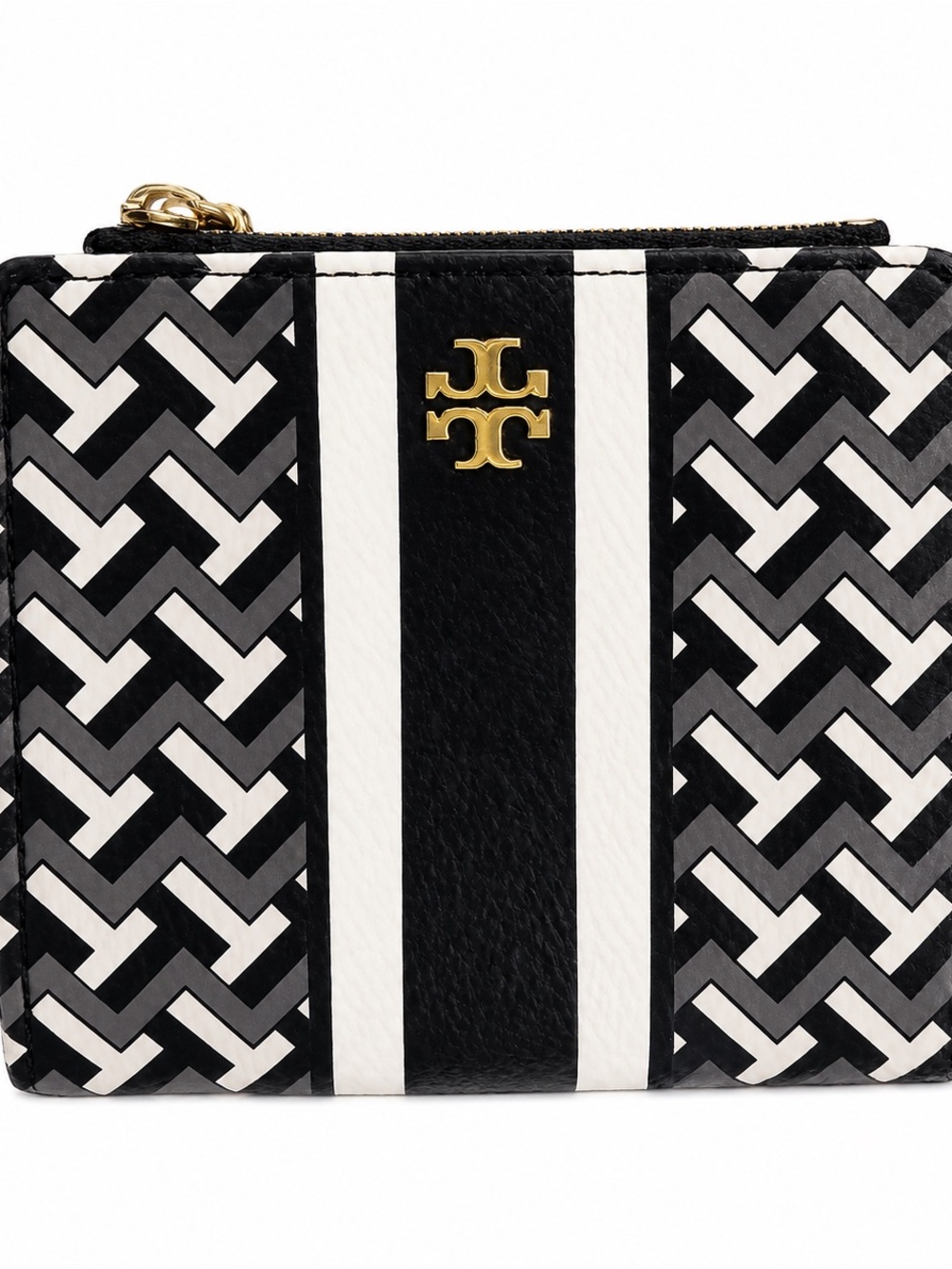 Tory Burch Black & White Geometric Zip Wallet with Gold Logo